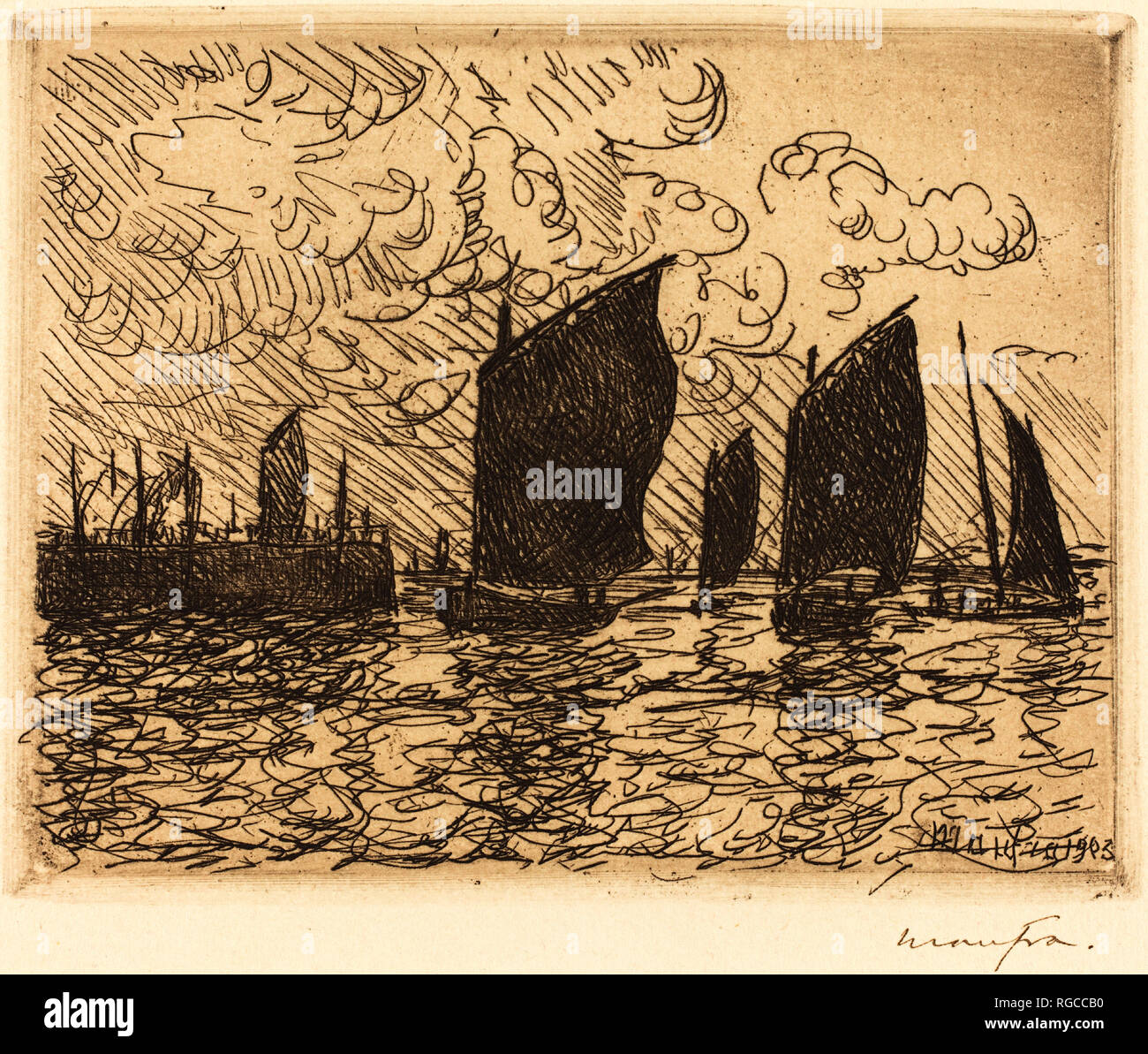 Return of the Boats. Dated: 1903. Dimensions: plate: 10.9 x 13.9 cm (4 5/16 x 5 1/2 in.)  sheet: 19.6 x 26 cm (7 11/16 x 10 1/4 in.). Medium: etching in black on wove paper. Museum: National Gallery of Art, Washington DC. Author: Maxime Maufra. Stock Photo
