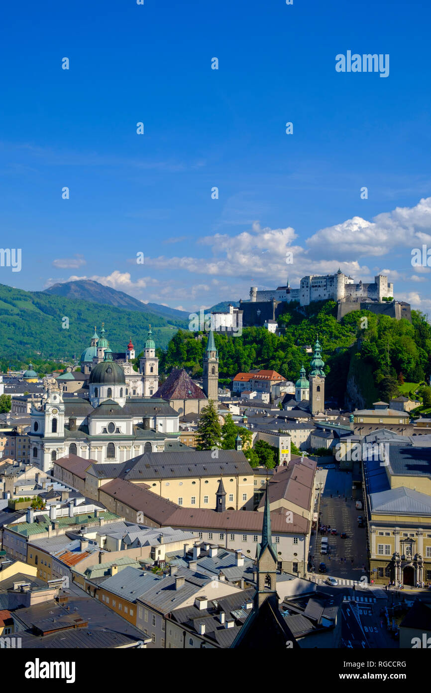 Austria, Salzburg State, Salzburg, View from Moenchsberg, Old town with College Church, Cathedral and Hohensalzburg Fortress Stock Photo