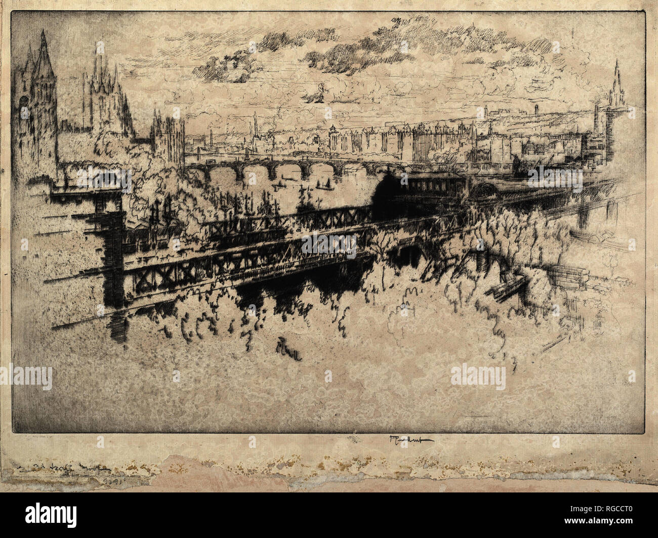 London over Charing Cross Bridge. Dated: 1910. Medium: etching [2nd trial proof]. Museum: National Gallery of Art, Washington DC. Author: Joseph Pennell. Stock Photo