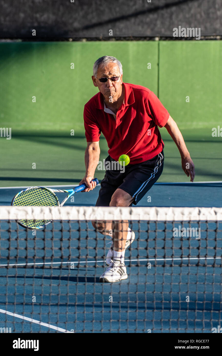 Focused Chinese elderly man gets in position to hit low forehand near the net during a game of tennis. Stock Photo