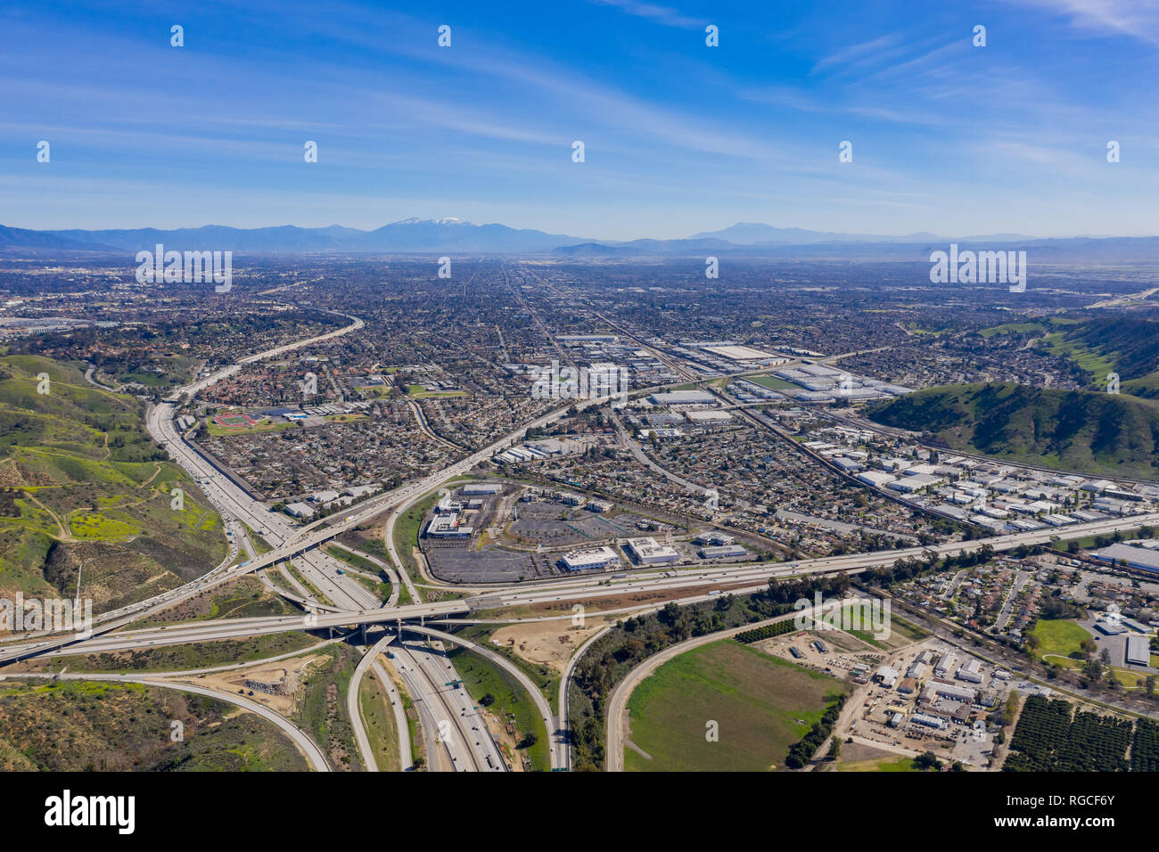 Aerial view of highway and cityscape of Pomona at California Stock Photo