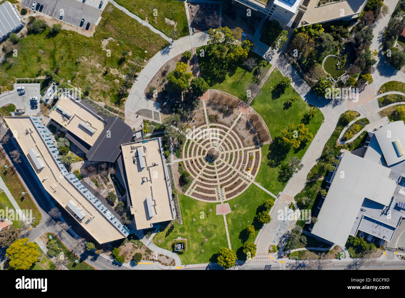 Aerial plan view of the beautiful rose garden of Cal Poly Pomona at Los Angeles County, California Stock Photo