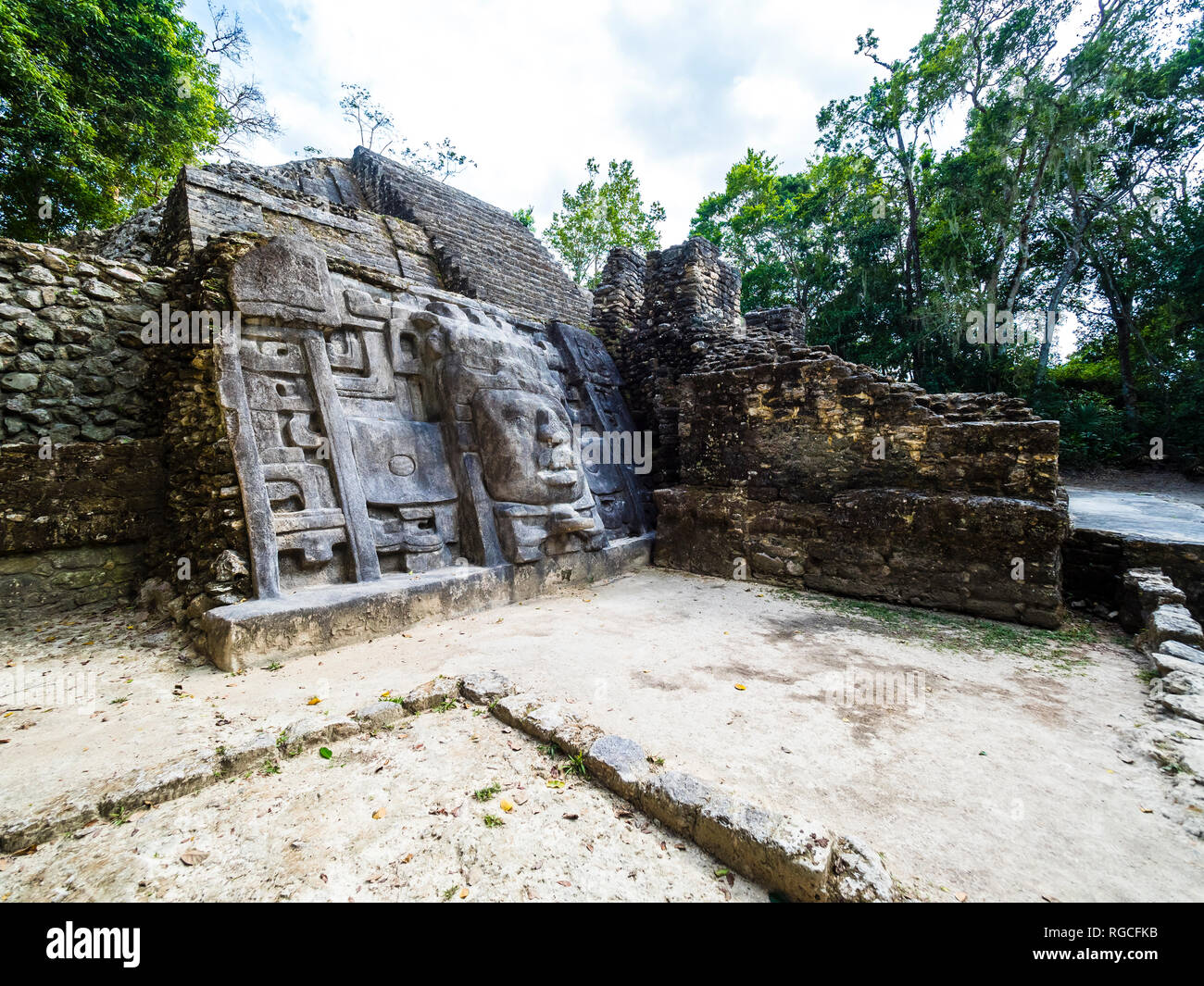 Central America, Belize, Yucatan peninsula, New River, Lamanai, Maya ruin, Lamanai Mask Temple Stock Photo