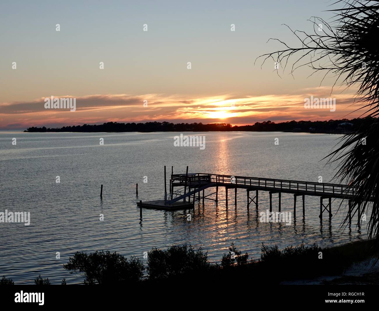 January sunset overlooking the Gulf of Mexico on the West Coast at Cedar Key, Florida, USA Stock