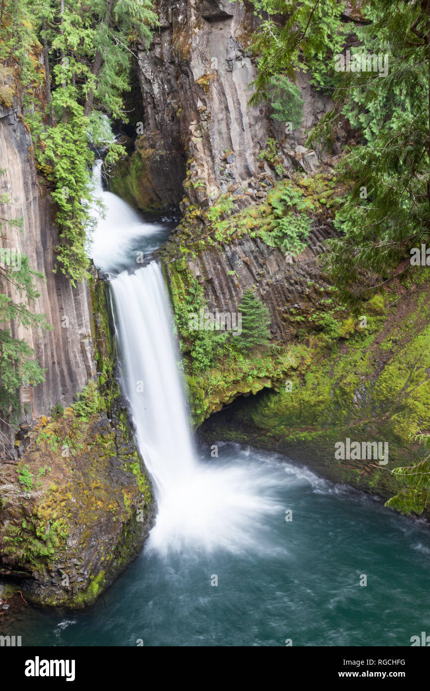 The North Umpqua River in a silky flow over three tiers of columnar basalt rockto create Toketee Falls in Oregon. Stock Photo