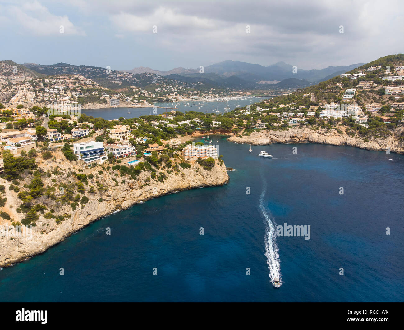 Spain, Mallorca, Aerial view of Cala LLamp and Cala Marmassen, Punta des Mila Stock Photo