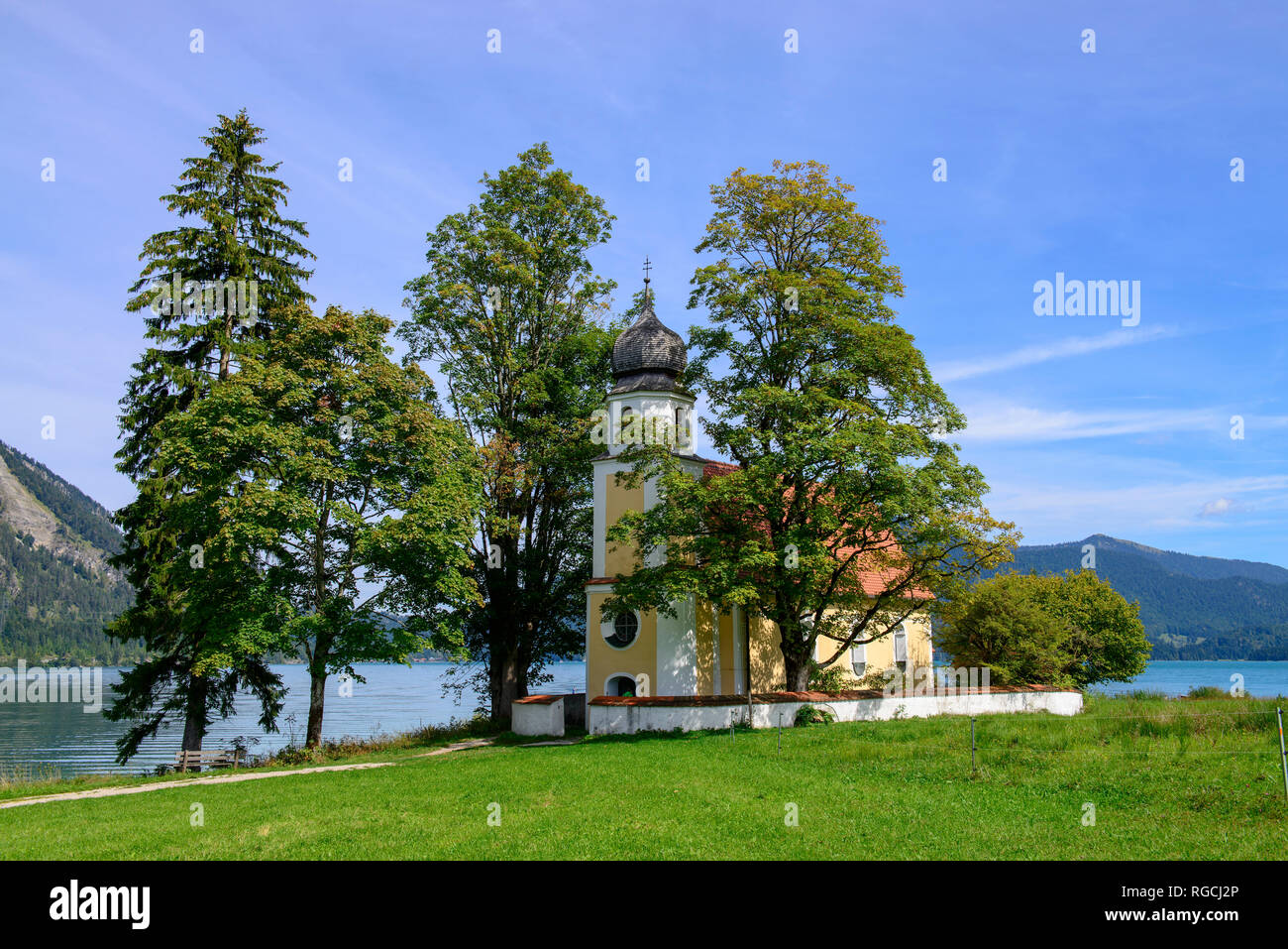 Germany, Bavaria, Upper Bavaria, Peninsula Zwergern, Lake Walchen, St. Margaret Chapel Stock Photo