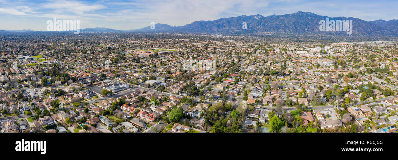 Afternoon aerial view of the San Gabriel Mountains and Arcadia area at Los Angeles, California Stock Photo