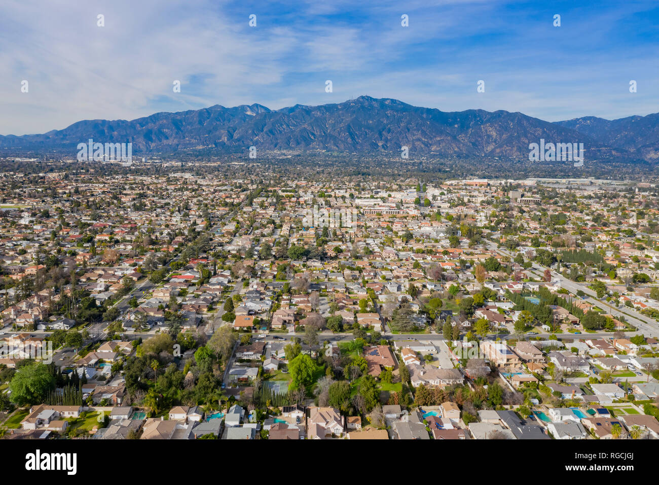 Afternoon aerial view of the San Gabriel Mountains and Arcadia area at Los Angeles, California Stock Photo