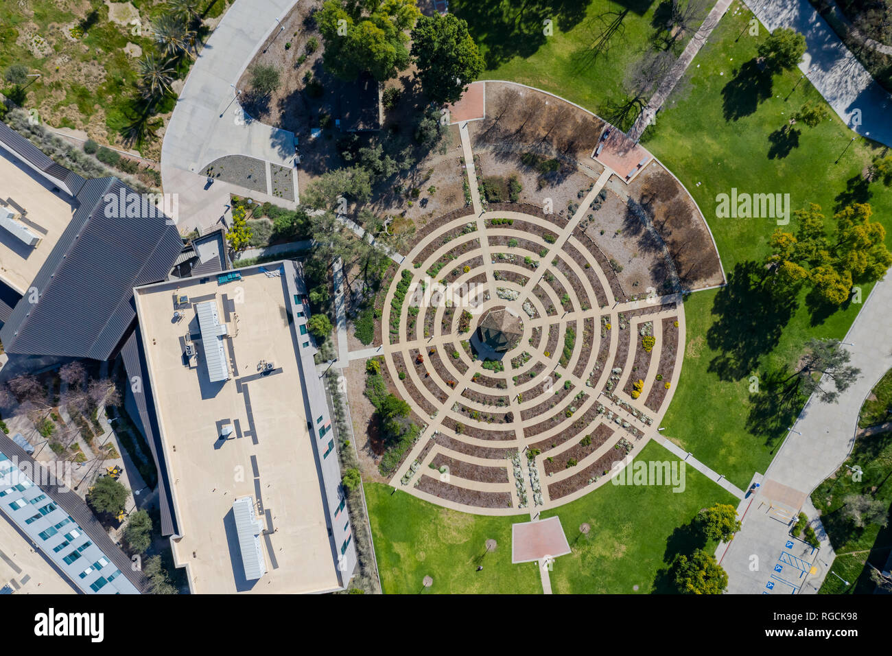 Aerial plan view of the beautiful rose garden of Cal Poly Pomona at Los Angeles County, California Stock Photo