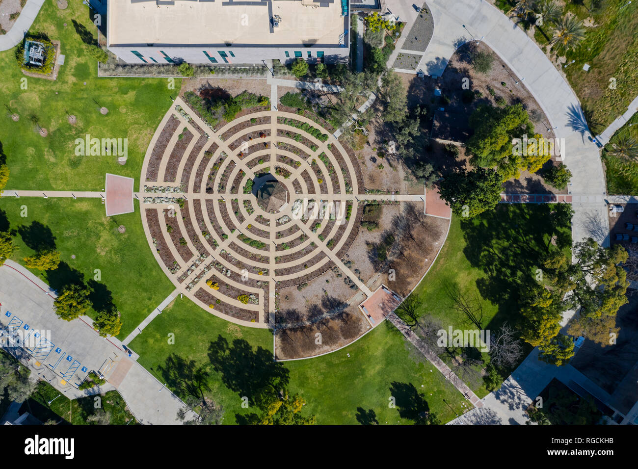 Aerial plan view of the beautiful rose garden of Cal Poly Pomona at Los Angeles County, California Stock Photo