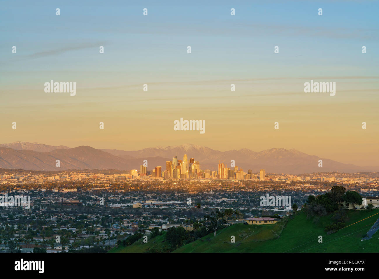 Sunset aerial view of the beautiful Los Angeles downtown cityscape with ...