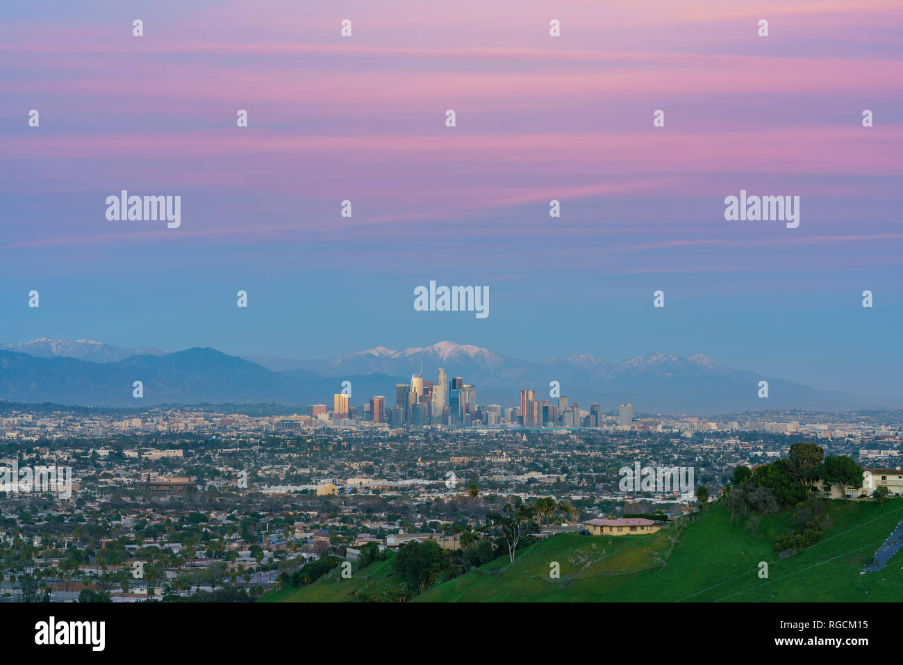 Sunset aerial view of the beautiful Los Angeles downtown cityscape with ...