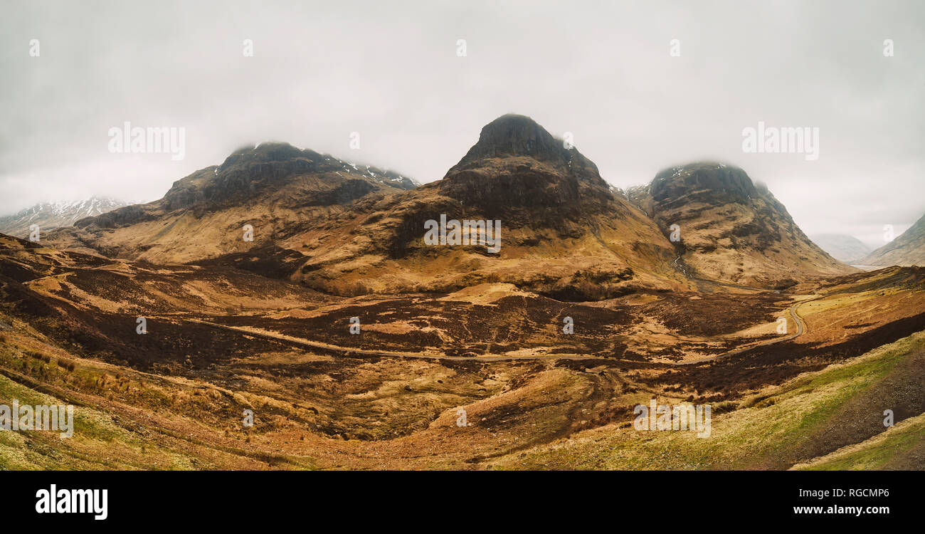 United Kingdom, Scotland, Glen Coe, Three Sisters mountains in the highlands Stock Photo