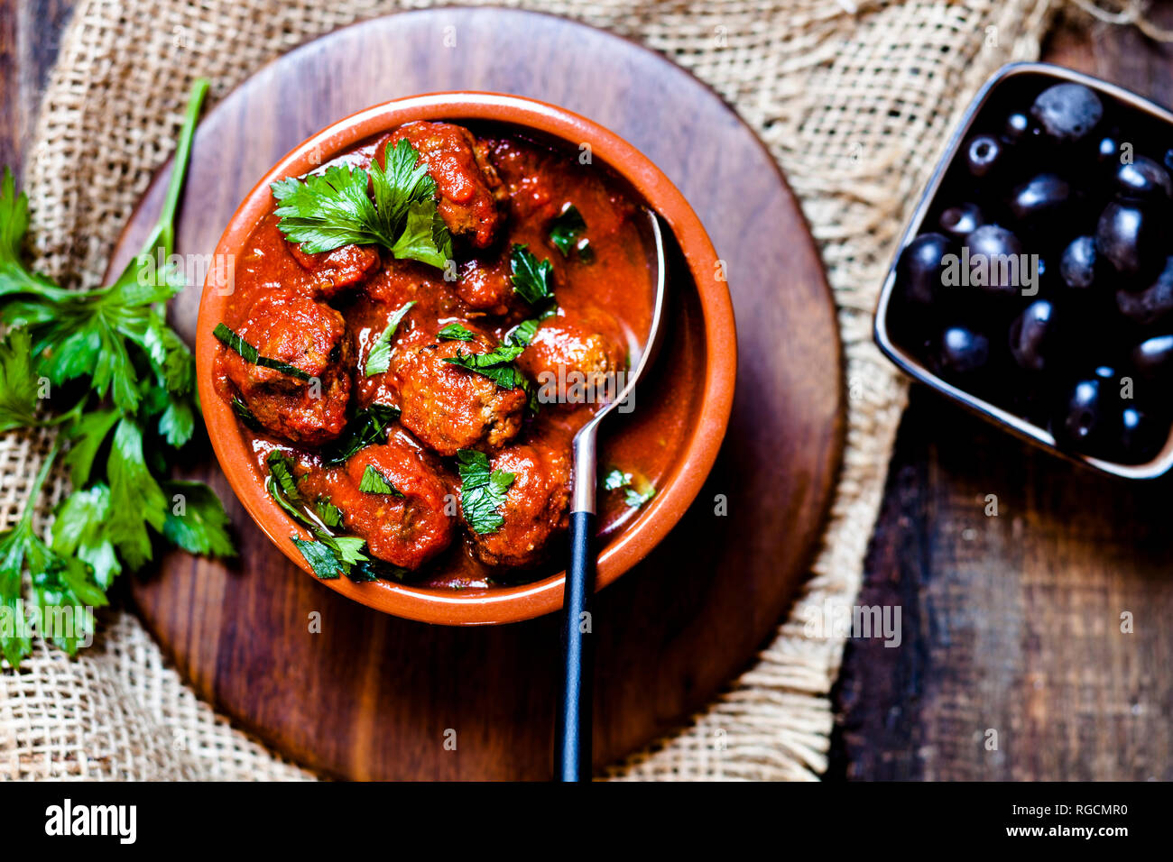 Spanish Albondingas, meatballs in spicy tomato sauce Stock Photo