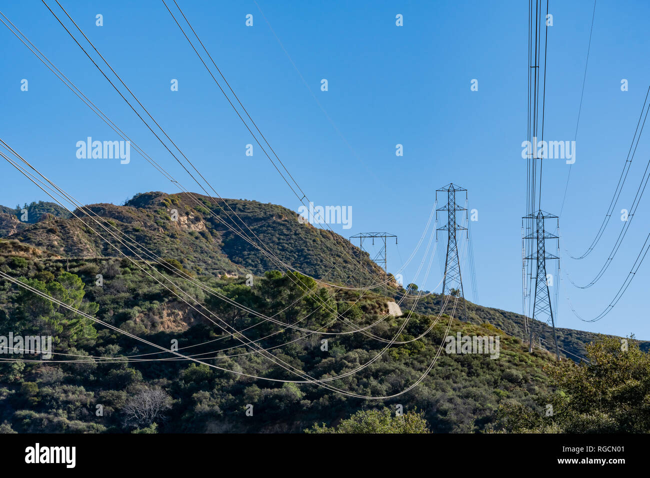 Morning view of transmission tower, power lines at Los Angeles, California Stock Photo