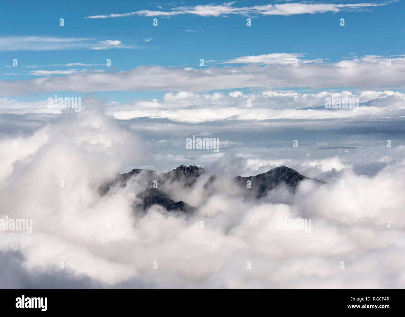 Russia, Upper Baksan Valley, Caucasus, Mountain Peak in the clouds Stock Photo