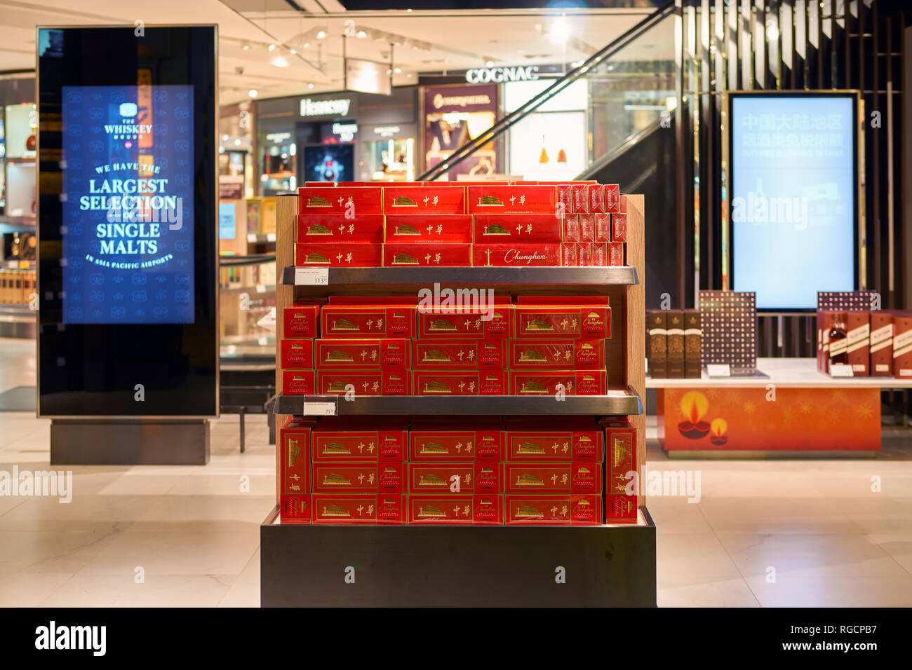 SINGAPORE - CIRCA SEPTEMBER, 2016: cigarettes on display at a store in Singapore Changi Airport. Changi Airport is one of the largest transportation h Stock Photo