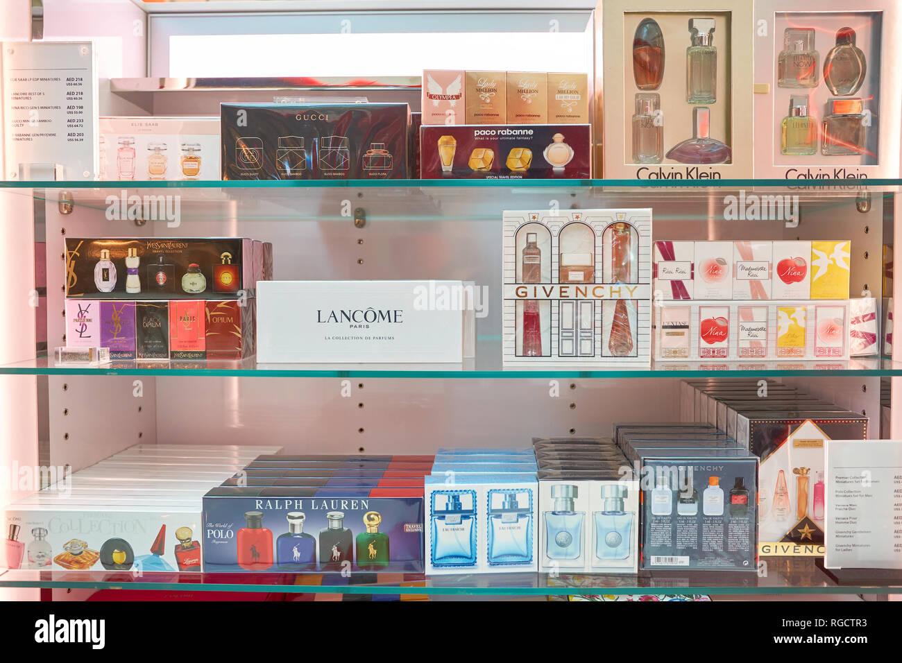 DUBAI, UAE CIRCA JANUARY, 2017 perfume bottles display on at Dubai