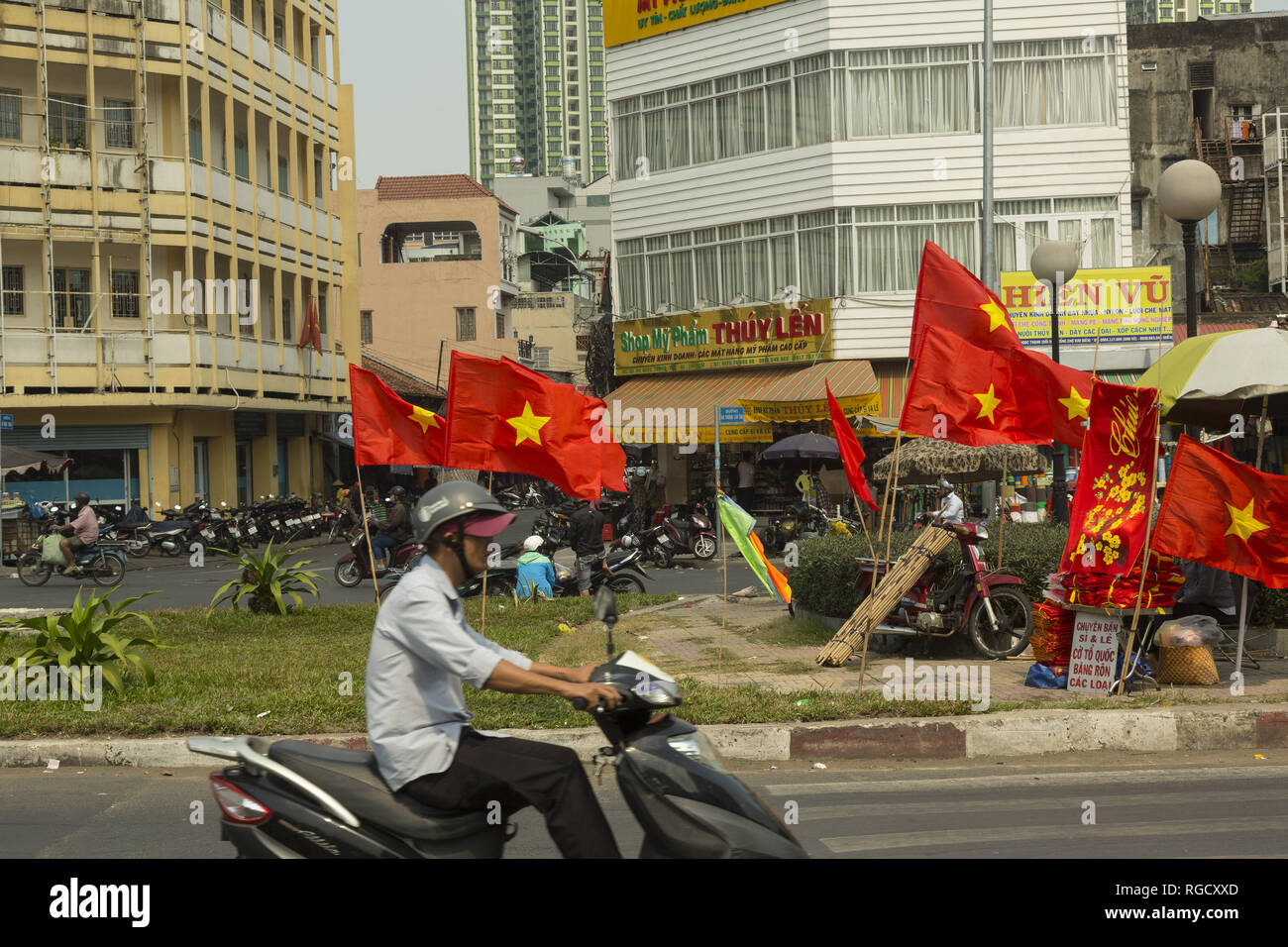 Vietnam flag on the street Ho Chi MInh city in Vietnam Stock Photo