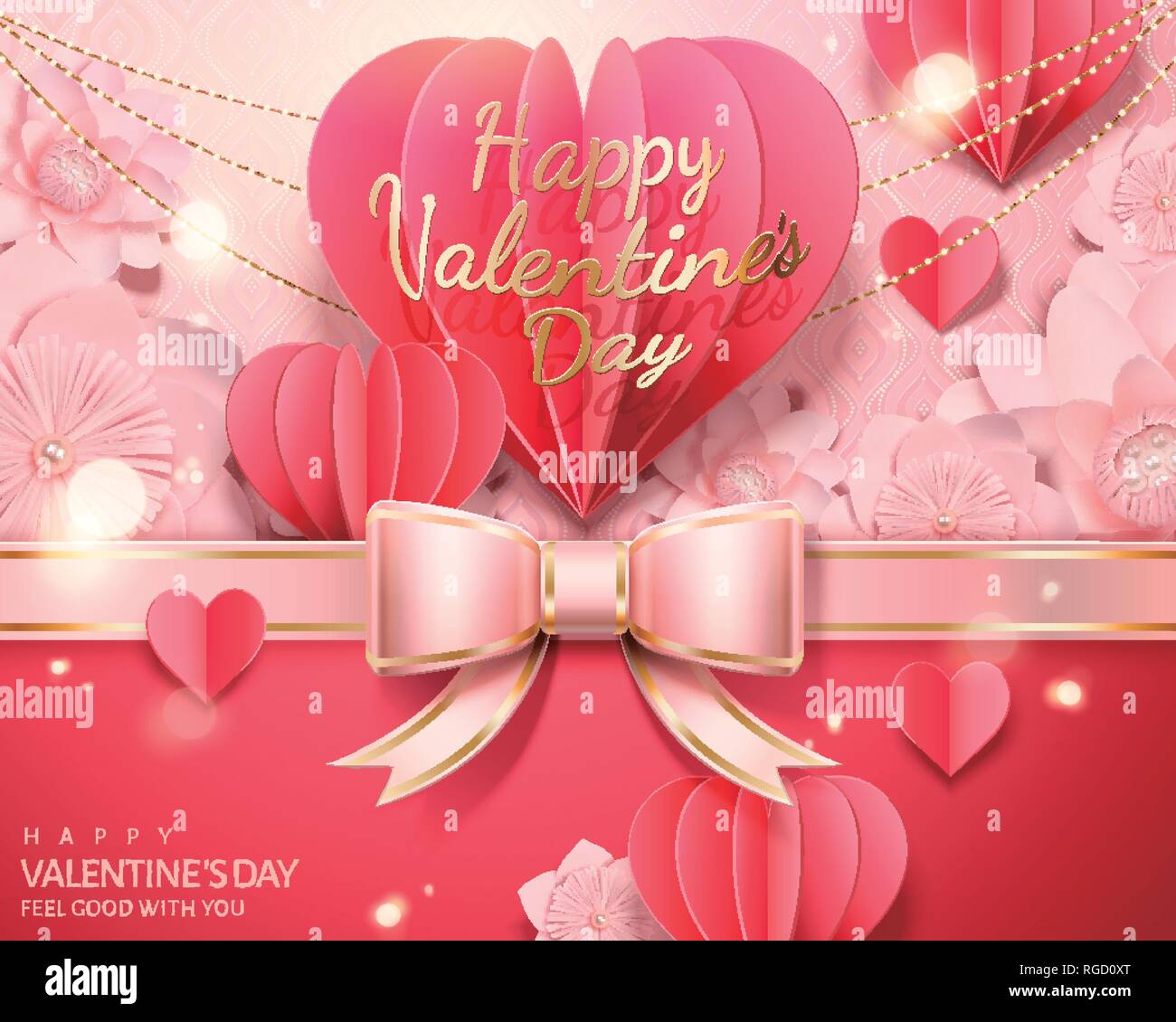 Happy valentine's day paper fold heart shaped decorations in 3d illustration, pink flowers background Stock Vector