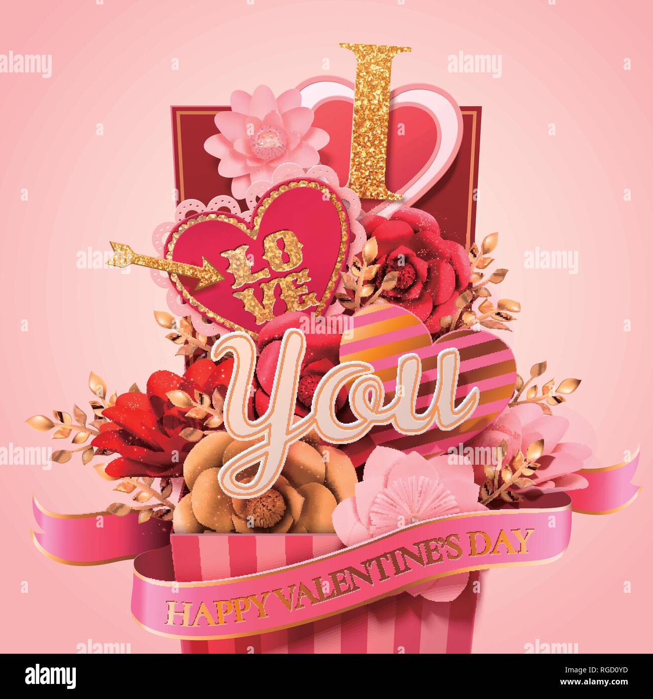Happy valentine's day gift box full of paper flowers and heart shaped ...