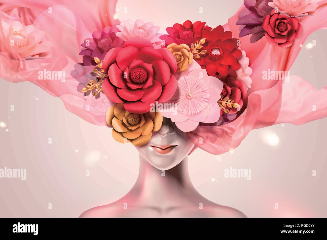 Beautiful and mysterious woman with paper flowers headwear and flying chiffon in 3d illustration Stock Vector