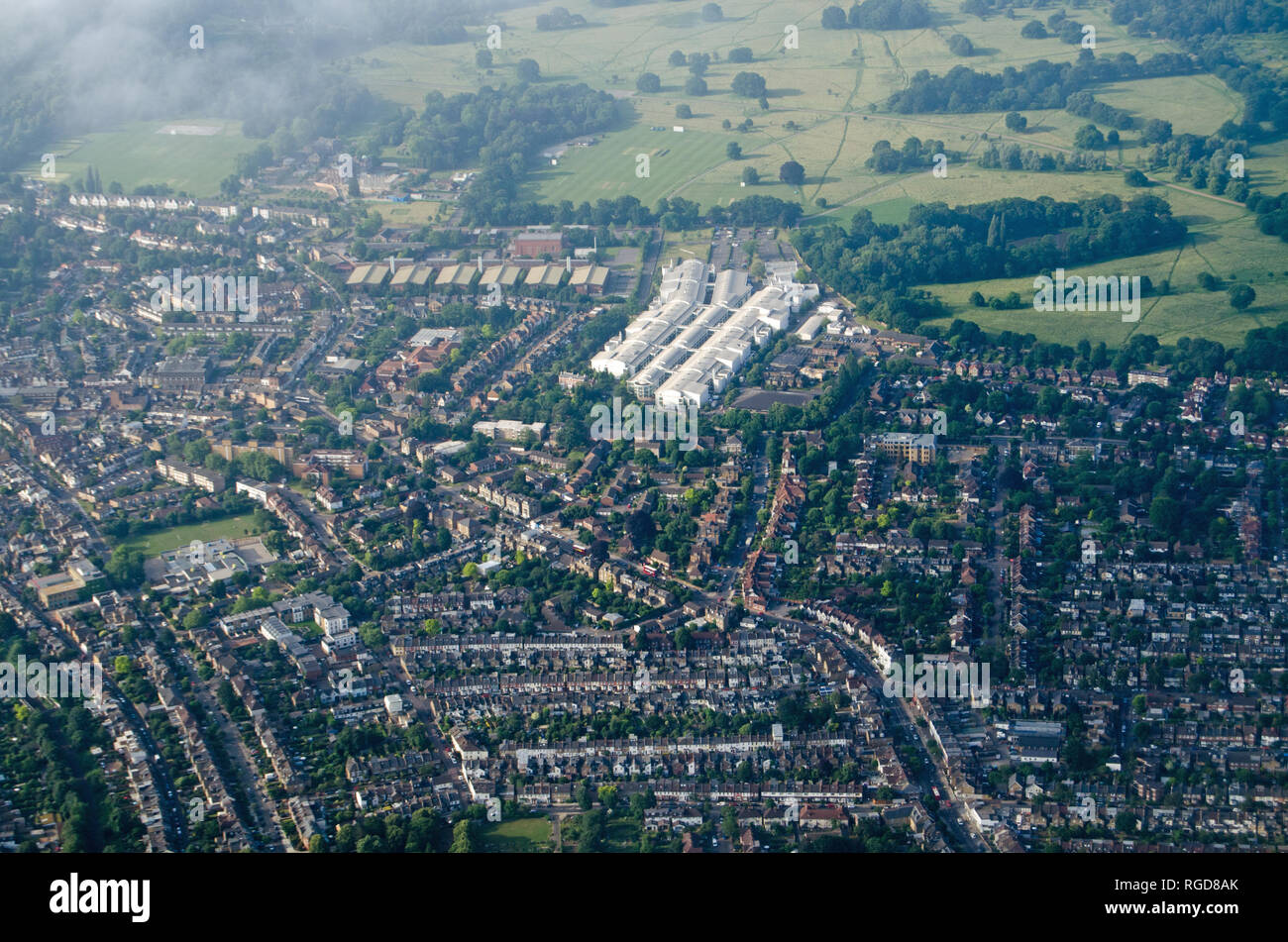 Aerial view of Teddington, Middlesex in the London Borough of Richmond Upon Thames in West London.  The long white building is the National Physical L Stock Photo