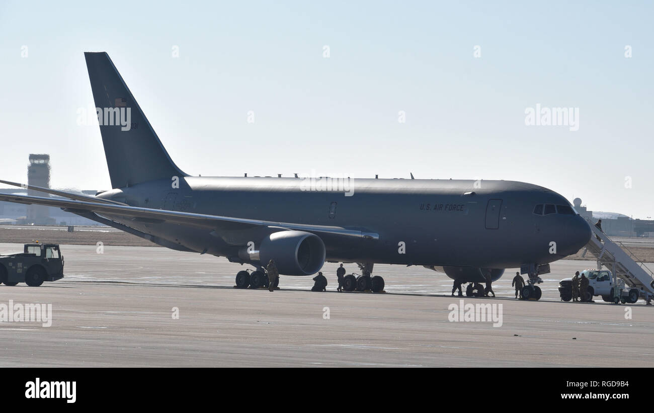 The second KC-46A Pegasus delivered to Team McConnell crewed by Reserve Citizen Airman Maj. Chris Markley, 924th Air Refueling Squadron pilot and Program Integration Office officer, Jan. 25, 2019, McConnell Air Force Base Kansas. The first Reserve squadron to the fly the KC-46A, the 924th Air Refueling Squadron, stood up at McConnell in 2017. (U.S. Air Force photo by Tech. Sgt. Abigail Klein) Stock Photo