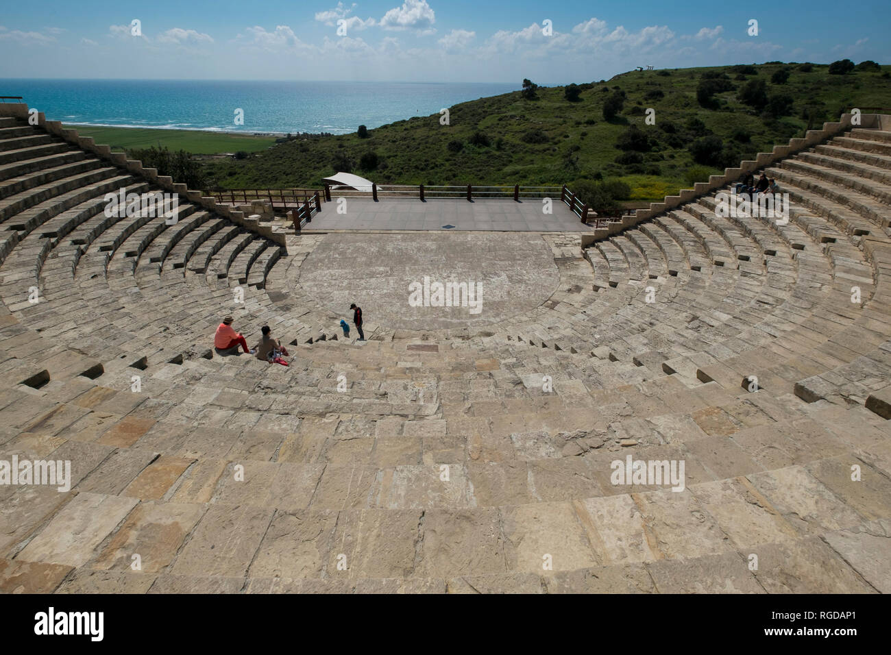 A large ampitheater overlooks the sea at the ancient Roman ruin at Kourion, Cyprus. Stock Photo