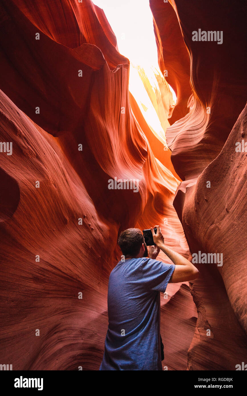 USA, Arizona, Lower Antilope Canyon, tourist photographing Stock Photo ...