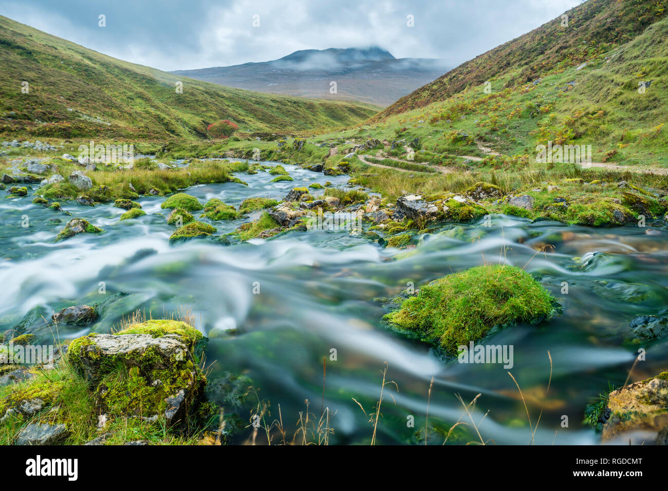 UK, Scotland, Highland, Asynt, Allt nan Uamh valley, stream near Bone Caves Stock Photo
