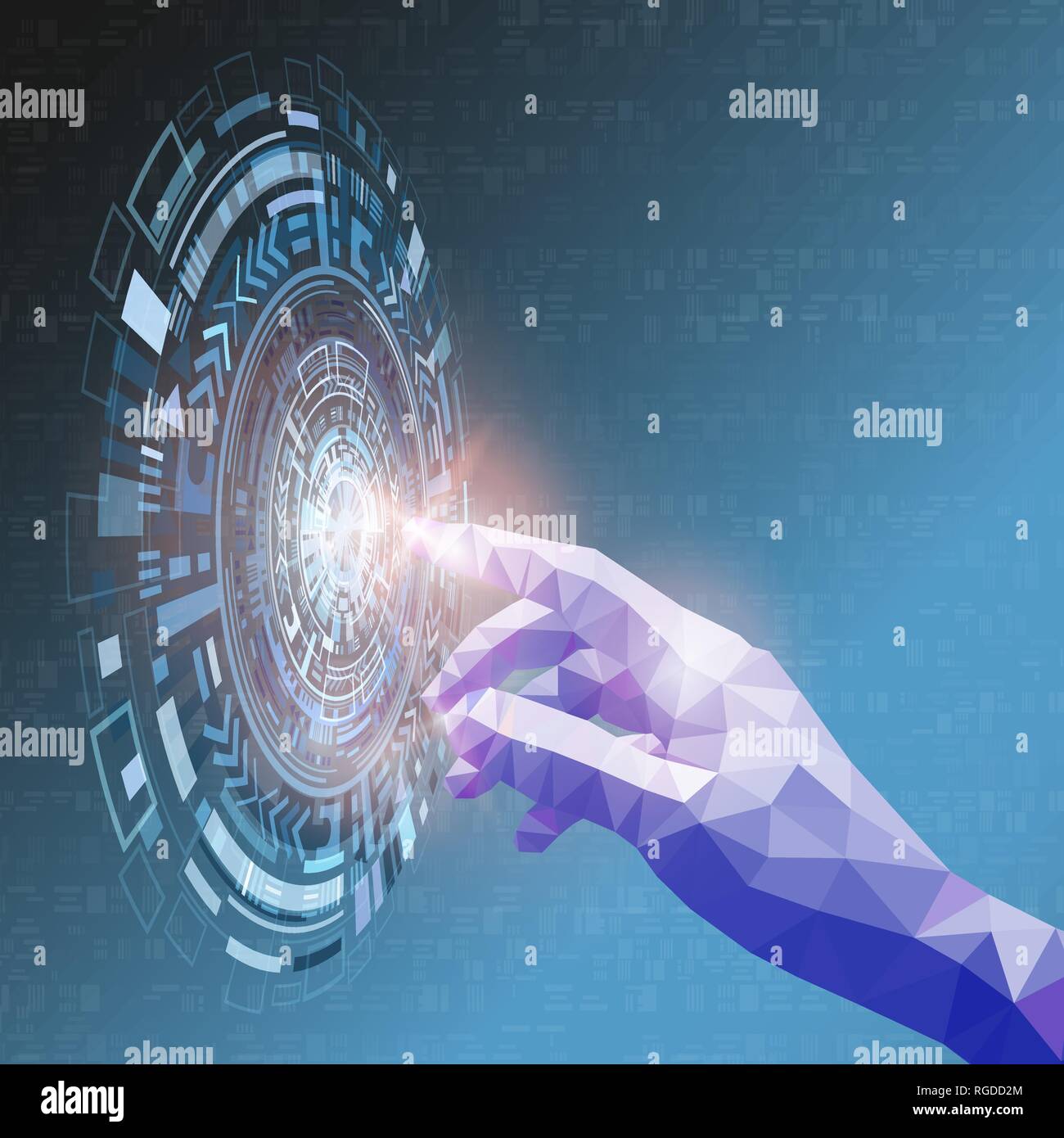 Simply geometric triangular hand touching colorful abstract digital technology screen, Artificial intelligence and future concept. vector illustration Stock Vector