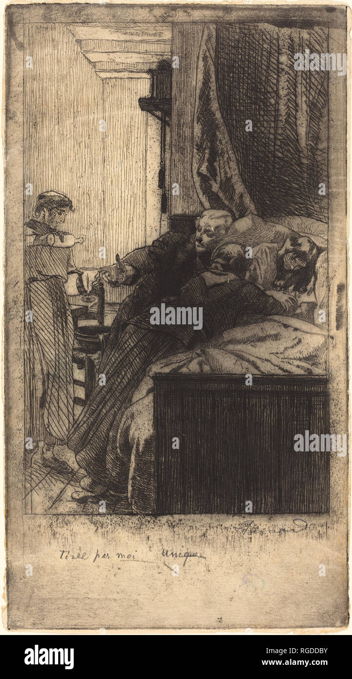 Sickness (La Maladie). Dated: 1884. Dimensions: plate: 29.3 x 15.9 cm (11 9/16 x 6 1/4 in.)  sheet: 30.2 x 16.2 cm (11 7/8 x 6 3/8 in.). Medium: etching and aquatint on laid paper. Museum: National Gallery of Art, Washington DC. Author: Albert Besnard. Stock Photo