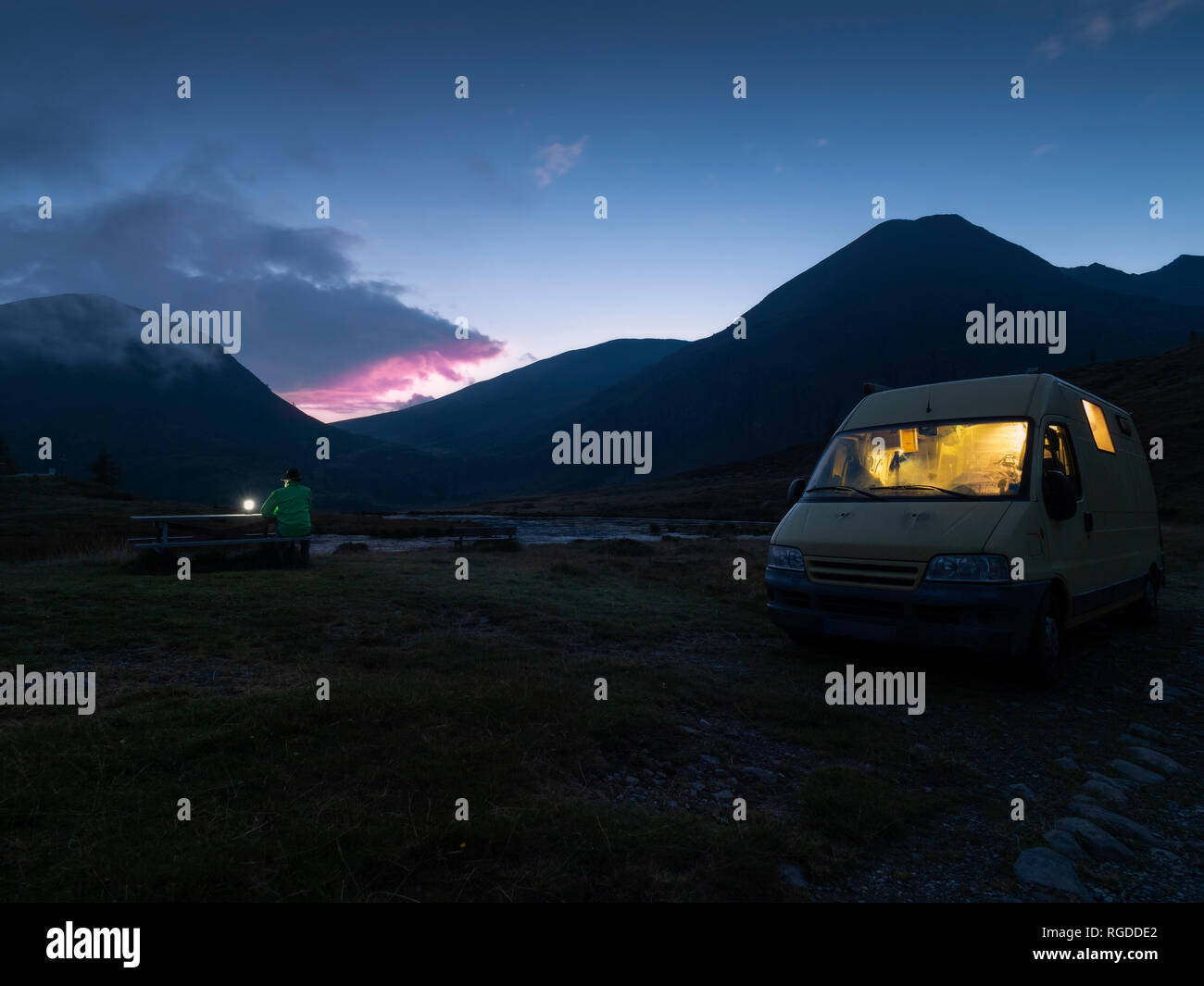 Italy, Lombardy, Laghetto Vivione, camper at night Stock Photo