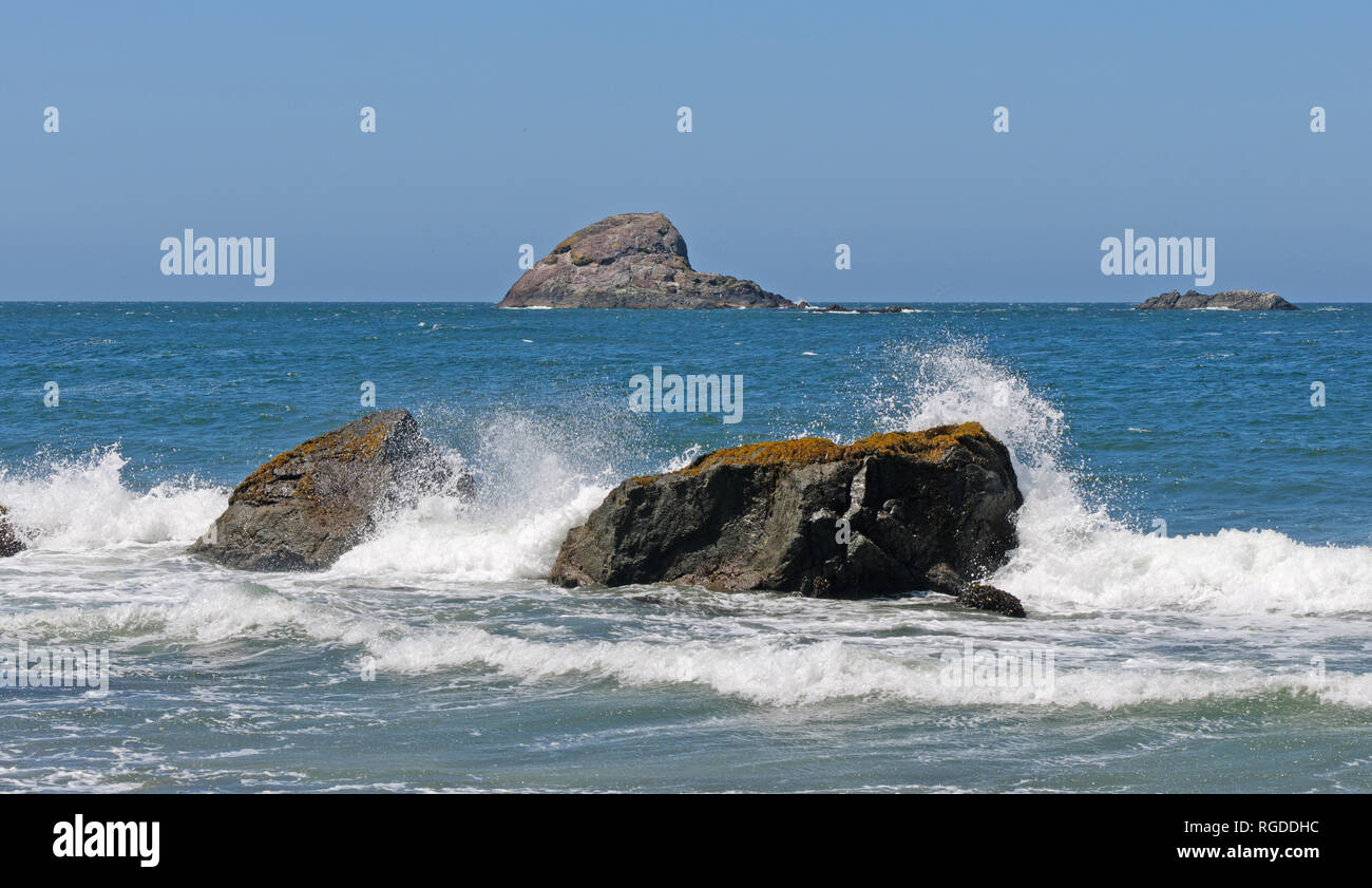 Waves Crashing on rocks in Trinidad State Beach in California Stock ...