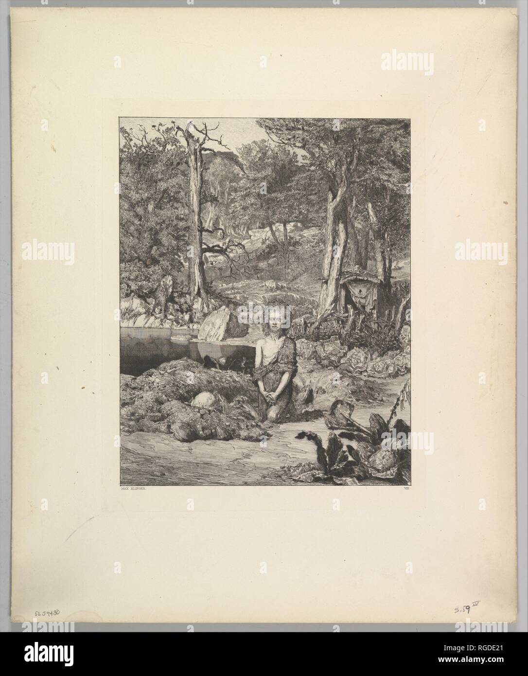 Simplicius am Grabe des Einsiedlers, from the series Intermezzi. Artist: Max Klinger (German, Leipzig 1857-1920 Großjena). Dimensions: Plate: 11 15/16 × 10 9/16 in. (30.4 × 26.8 cm)  Sheet: 19 3/8 × 16 in. (49.2 × 40.6 cm). Date: n.d.. Museum: Metropolitan Museum of Art, New York, USA. Stock Photo