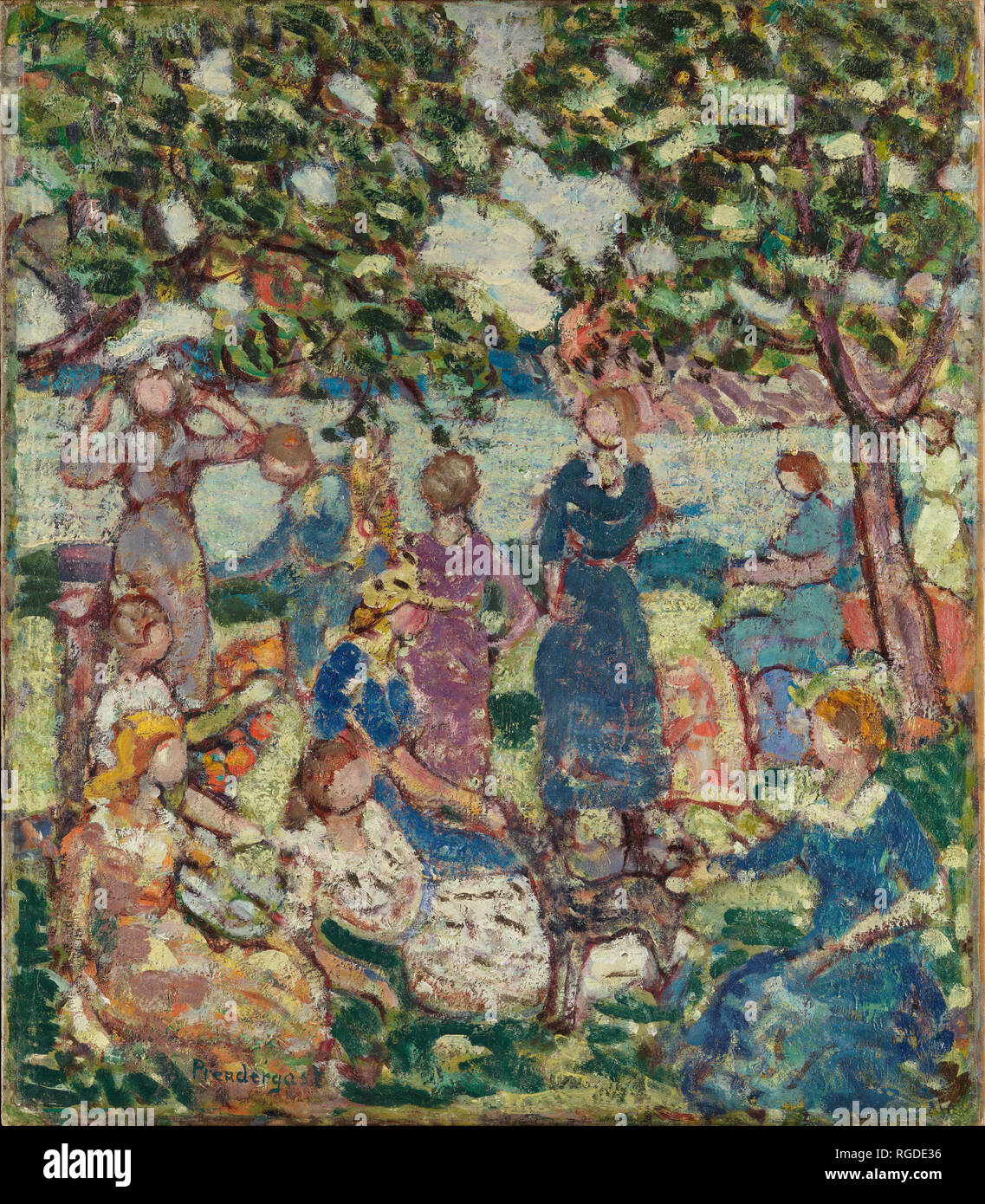Picnic by the Inlet. Artist: Maurice Brazil Prendergast  (American, St. John's, Newfoundland 1858-1924 New York). Dimensions: 28 1/4 x 24 3/4 in. (71.8 x 62.9 cm)  Framed: 37 7/8 x 34 3/8 x 4 1/2 in. (96.2 x 87.3 x 11.4 cm). Date: ca. 1918-23.  Having theretofore worked mostly in watercolor and monotype, Prendergast made a serious commitment to oil painting beginning in about 1903. By 1910 his oils had become more varied and imaginative in subject and more monumental in arrangement, as this canvas attests. The subject originated in the seaside culture of New England, where Prendergast spent ma Stock Photo