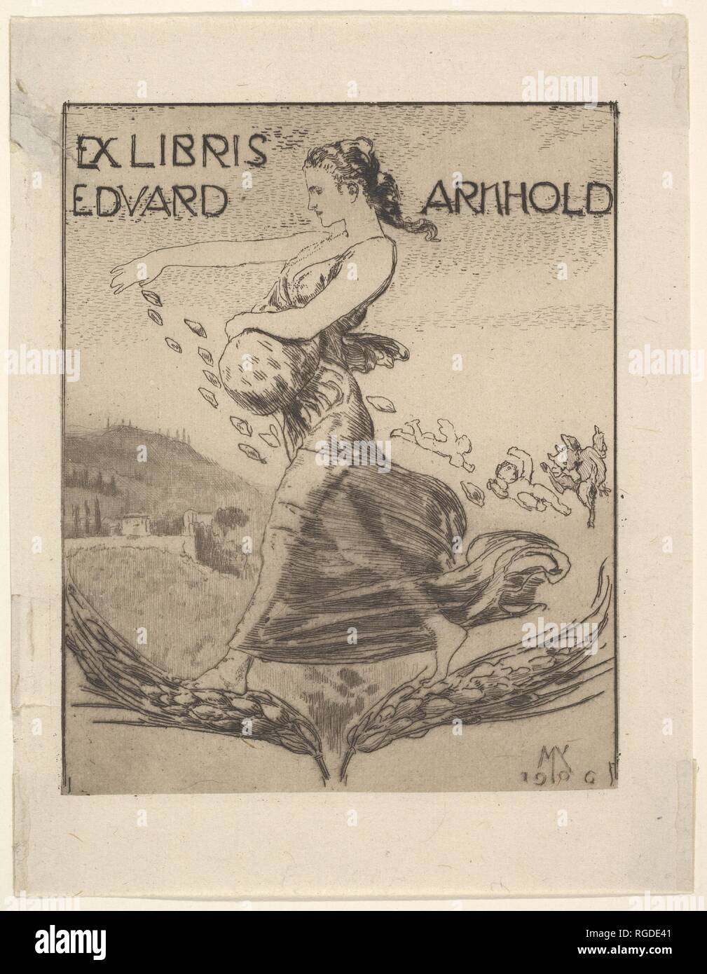 Ex Libris of Eduard Arnhold. Artist: Max Klinger (German, Leipzig 1857-1920 Großjena). Dimensions: Image: 5 1/16 × 4 1/16 in. (12.8 × 10.3 cm)  Sheet: 6 7/16 × 4 15/16 in. (16.4 × 12.5 cm). Date: n.d.. Museum: Metropolitan Museum of Art, New York, USA. Stock Photo
