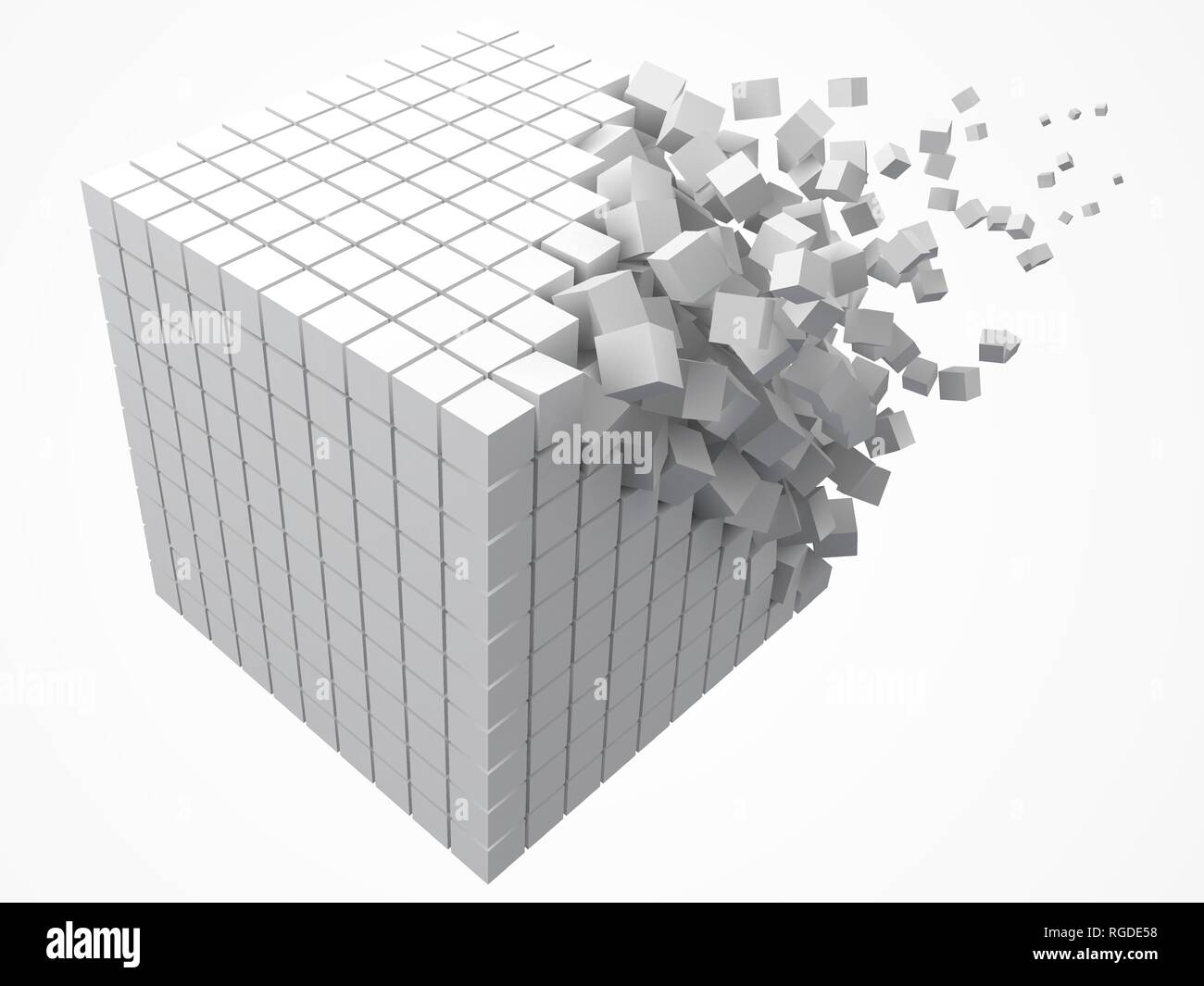 dissolving data block. made with smaller white cubes. 3d pixel style vector illustration. Stock Vector