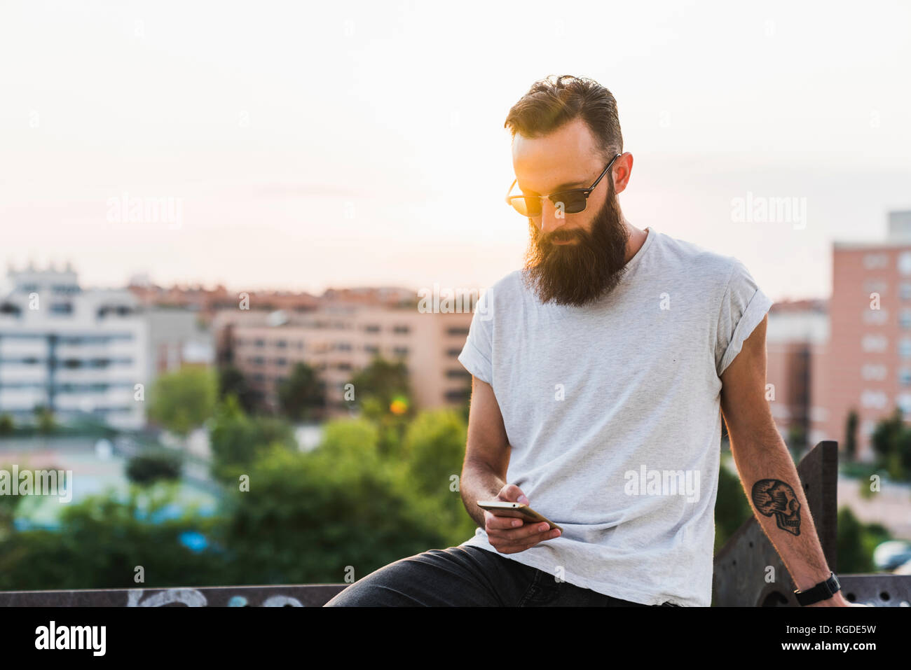 Cool bearded young man wearing sunglasses checking cell phone Stock Photo