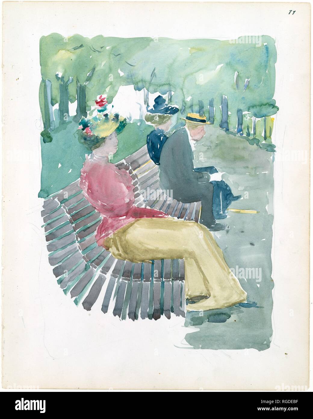 Large Boston Public Garden Sketchbook: A man and two women sitting in the park. Artist: Maurice Brazil Prendergast  (American, St. John's, Newfoundland 1858-1924 New York). Dimensions: 14 1/8 x 11 3/16 in.  (35.8 x 28.4 cm). Date: 1895-97.  Prendergast's expression of mood through posture and countenance is well demonstrated in this contemplative young woman and frail, old man. Apart from the arc of the slatted park bench, the sheet is laid out in watery blocks of blended brushwork. Museum: Metropolitan Museum of Art, New York, USA. Stock Photo