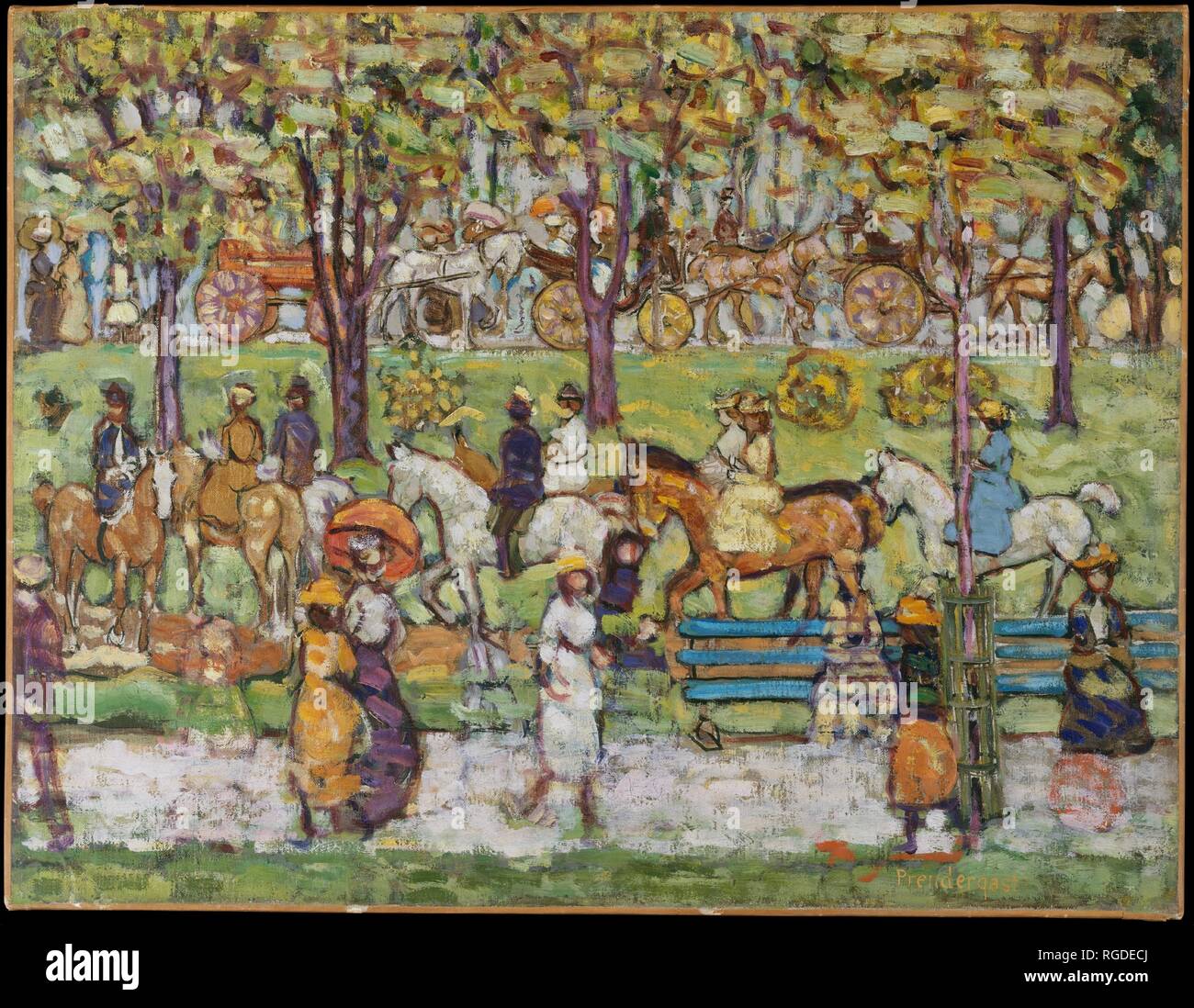 Central Park. Artist: Maurice Brazil Prendergast  (American, St. John's, Newfoundland 1858-1924 New York). Dimensions: 20 3/4 x 27 in. (52.7 x 68.6 cm). Date: ca. 1914-15.  Prendergast captured the park's festive energy on a summer day and suggested, with broad horizontal bands, the tripartite traffic system that accommodated carriages, horses with riders, and pedestrians. The painting, once titled 'Central Park in 1903,' may have been begun in that year and later reworked. It shows women in the types of dresses and hats that were stylish in 1903 and horse-drawn carriages as opposed to the aut Stock Photo