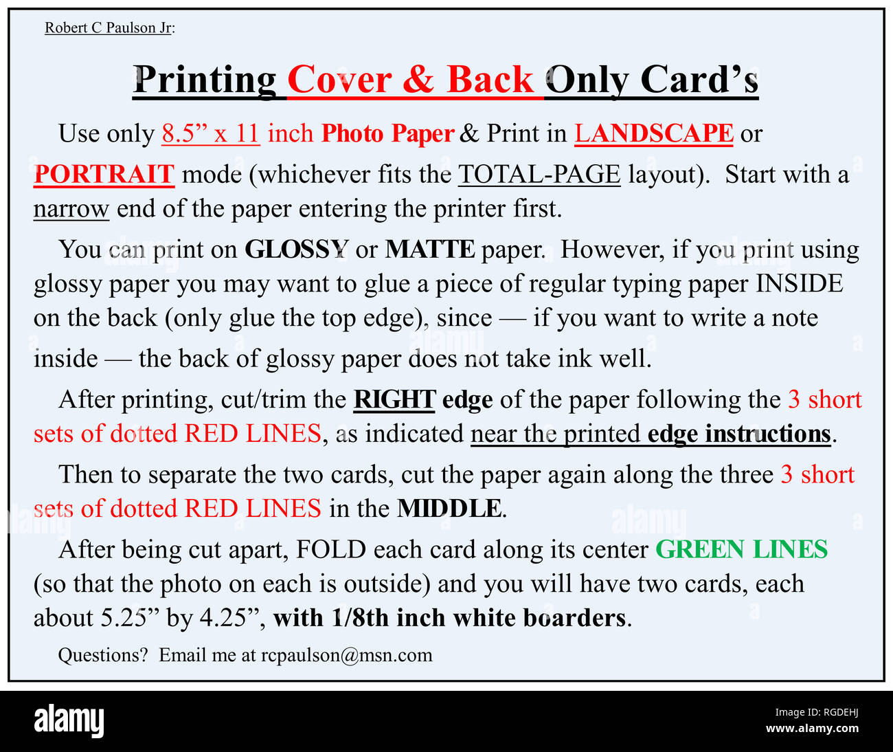 How to PRINT, CUT, and FOLD Robert C Paulson Jr's 2-sided photo cards. Stock Photo