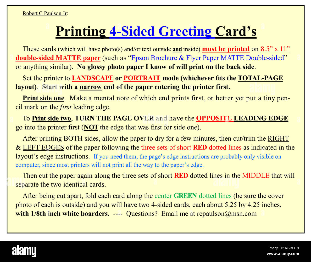 How to PRINT, CUT, and FOLD Robert C Paulson Jr's 4-sided photo greeting cards. Stock Photo
