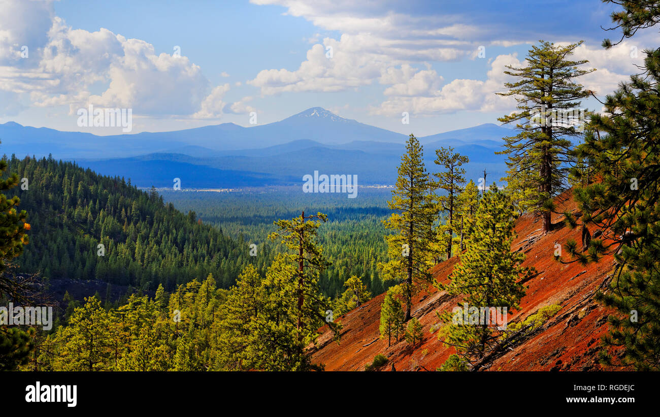 41,875.01091 A landscape view from red cinder Jane Butte foreground, to distant Mt Bachelor mountains, wide broad valley of conifer forests and trees Stock Photo