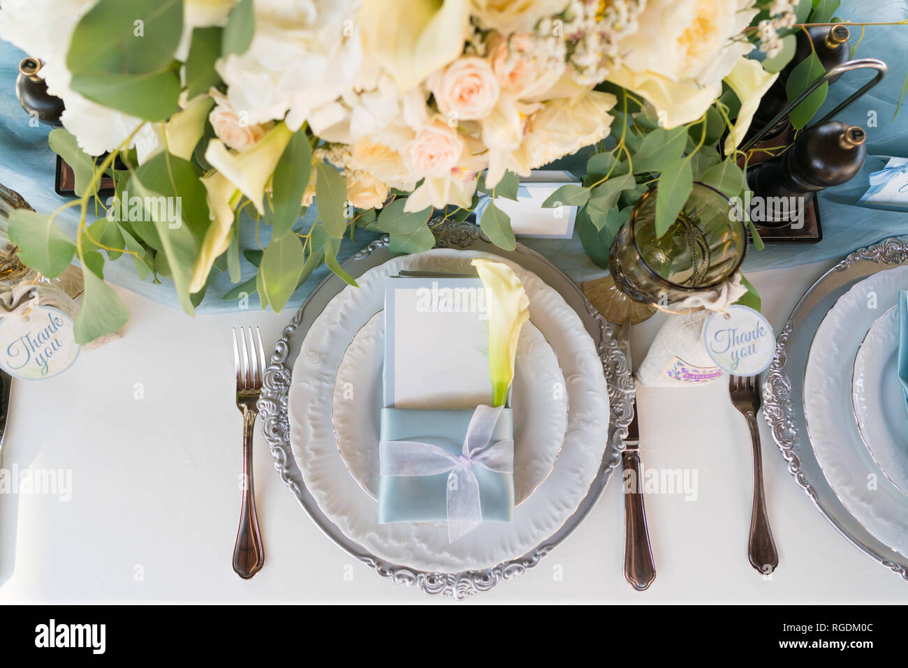 wedding table served in a rustic style, top view Stock Photo