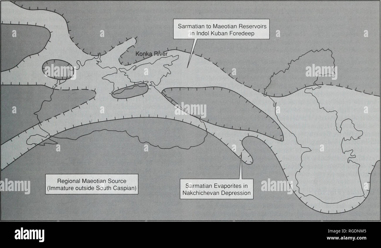 . Bulletin of the Natural Histort Museum. Geology series. REVIEW OF STRATIGRAPHY OF EASTERN PARATETHYS 37. Fig. 10 Palaeogeographic reconstruction. Konkian to Maeotian (late Middle to early Late Miocene). Key as for Fig. 7. The location of the Konkian stratotype is indicated. hinterland. The predominance of Taxodiaceae (cypresses and swamp-cypresses) indicates a warm-temperate (possibly even subtropical) climatic regime. Sarmatian (Fig. 10) The Sarmatian of Eastern Paratethys is probably equivalent to the stratotypical Sarmatian of Central Paratethys (late Middle to early Late Miocene (calcare Stock Photo
