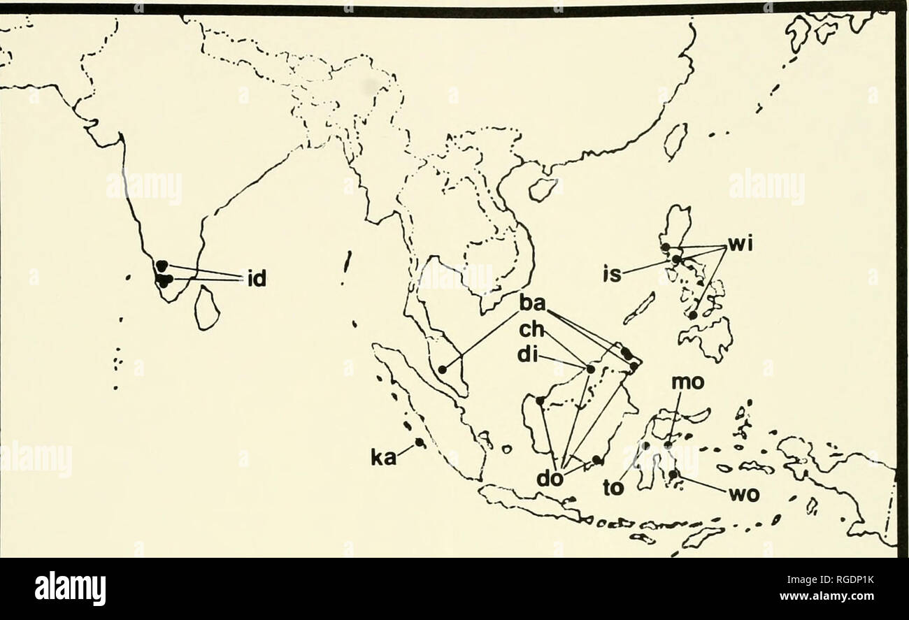 . Bulletin of the Museum of Comparative Zoology at Harvard College. Zoology. Revision of Myrmoteras • Moffett 33. .^-v/^ I Map 2. Distribution of species in the subgenus Myagroteras. Abbreviations: ba = M. bai&lt;eri, ch = M. chondrogastrum, di = M. diastematum, do = M. donisthorpei, id = M. indicum, is /W. insulcatum, ka = M. karnyi, mo = /W. morowali, to = M. foro, wi = M. williamsi, wo = M. wolasi. bases and rugae curving above antennal fossae. Pronotum smooth but with traces of longitudinal rugae dorsally; dorsum of mesothorax feebly granulate with delicate transverse rugae, laterally smoo Stock Photo