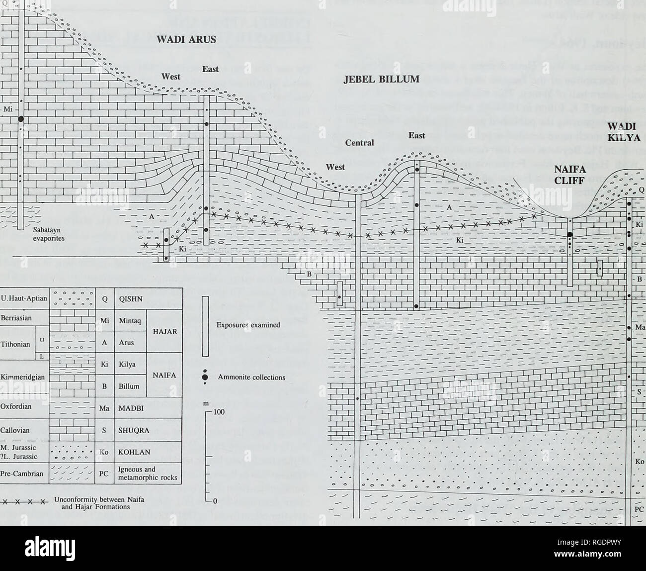 . Bulletin of the Natural Histort Museum. Geology series. M.K. HOWARTH AND N.J. MORRIS MINTAQ WADI HAJAR WADI ARUS JEBEL BILLUM WADI KILYA. U.Haut-Aptian o° o&quot; o° o°o Q QISHN Berriasian 1 1 1 Mi Minlaq HAJAR , 1,', Tilhonian u 1 1 1 A Arus L — — —- —  Ki Kilya NAIFA Kimmeridgian 1 1 1 B Billum 1 1 1 1 1 Oxfordian Ma MADBI Callovian 1 1 1 S SHUQRA 1 1 1 1 1 M. Jurassic ?L. Jurassi Ko KOHLAN Pre-Cambrian J ^ ^ -f ^ PC Igneous and metamoqjtiic roclts X X X X Unconformity between Naifa and Hajar Formations Fig. 2 Correlation of (he Jurassic and basal Cretaceous formations in WatJi Hajar. from Stock Photo